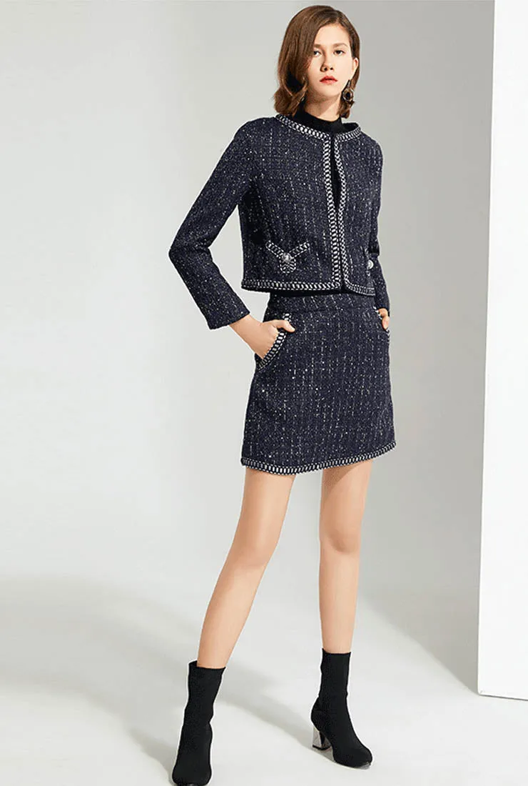 Dark Blue Tweed Jacket   Skirt Two-Piece Set