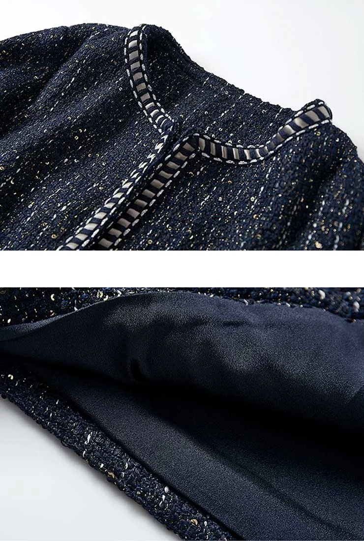 Dark Blue Tweed Jacket   Skirt Two-Piece Set