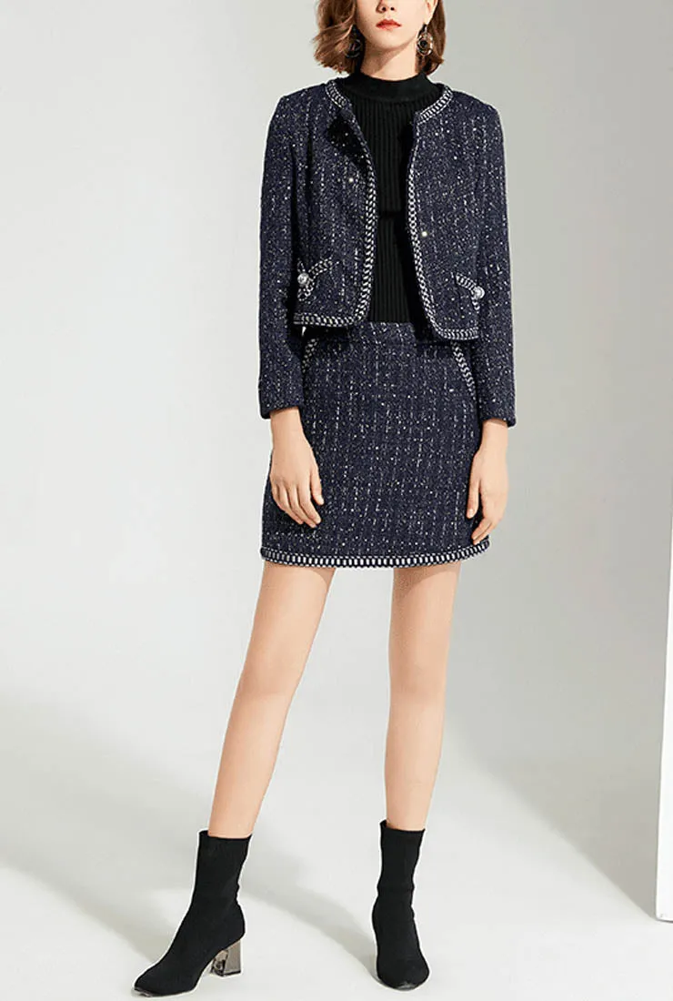 Dark Blue Tweed Jacket   Skirt Two-Piece Set