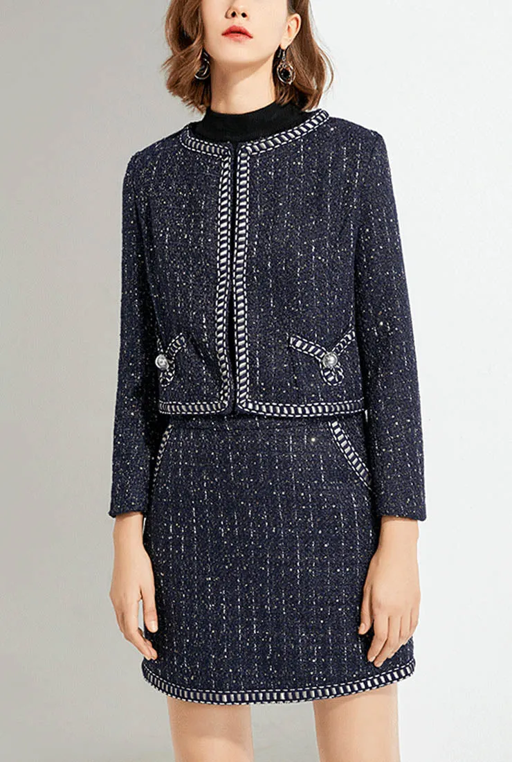Dark Blue Tweed Jacket   Skirt Two-Piece Set