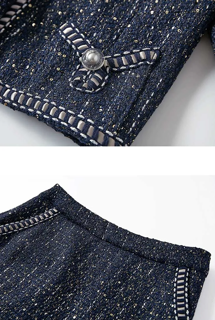 Dark Blue Tweed Jacket   Skirt Two-Piece Set