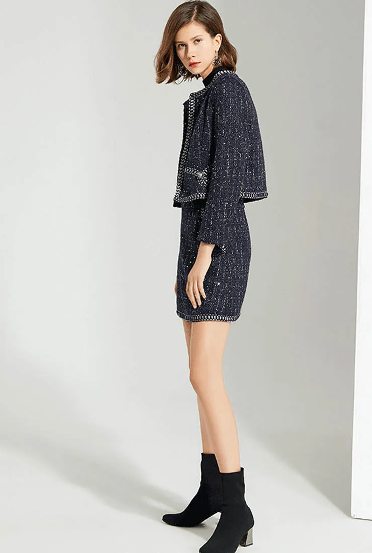 Dark Blue Tweed Jacket   Skirt Two-Piece Set