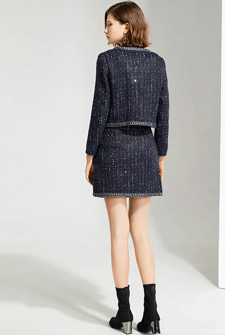 Dark Blue Tweed Jacket   Skirt Two-Piece Set