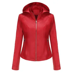 Decant Women Red Hooded Leather Jacket By TJS