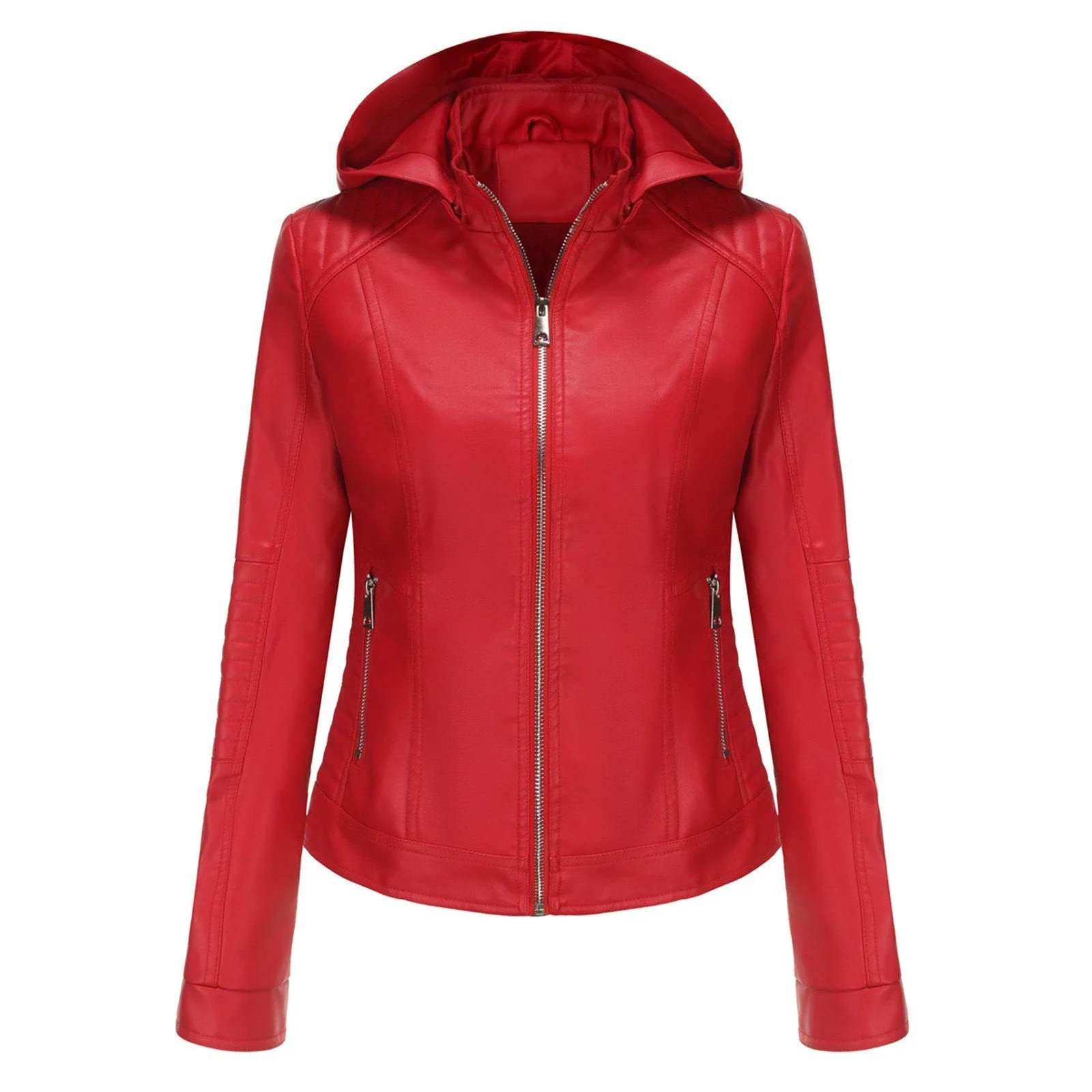 Decant Women Red Hooded Leather Jacket By TJS