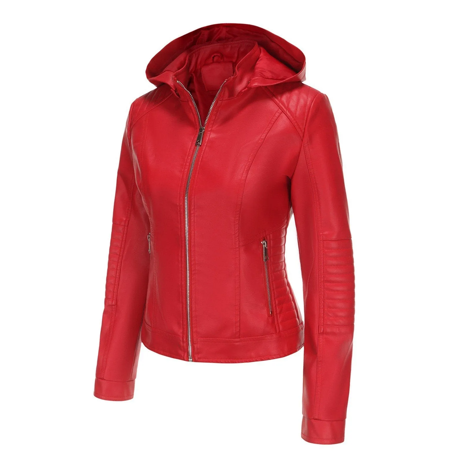 Decant Women Red Hooded Leather Jacket By TJS