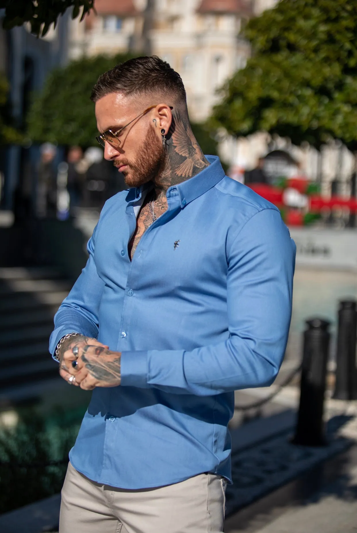 Father Sons Super Slim Stretch Light Blue Denim Long Sleeve with Metal Decal - FS843