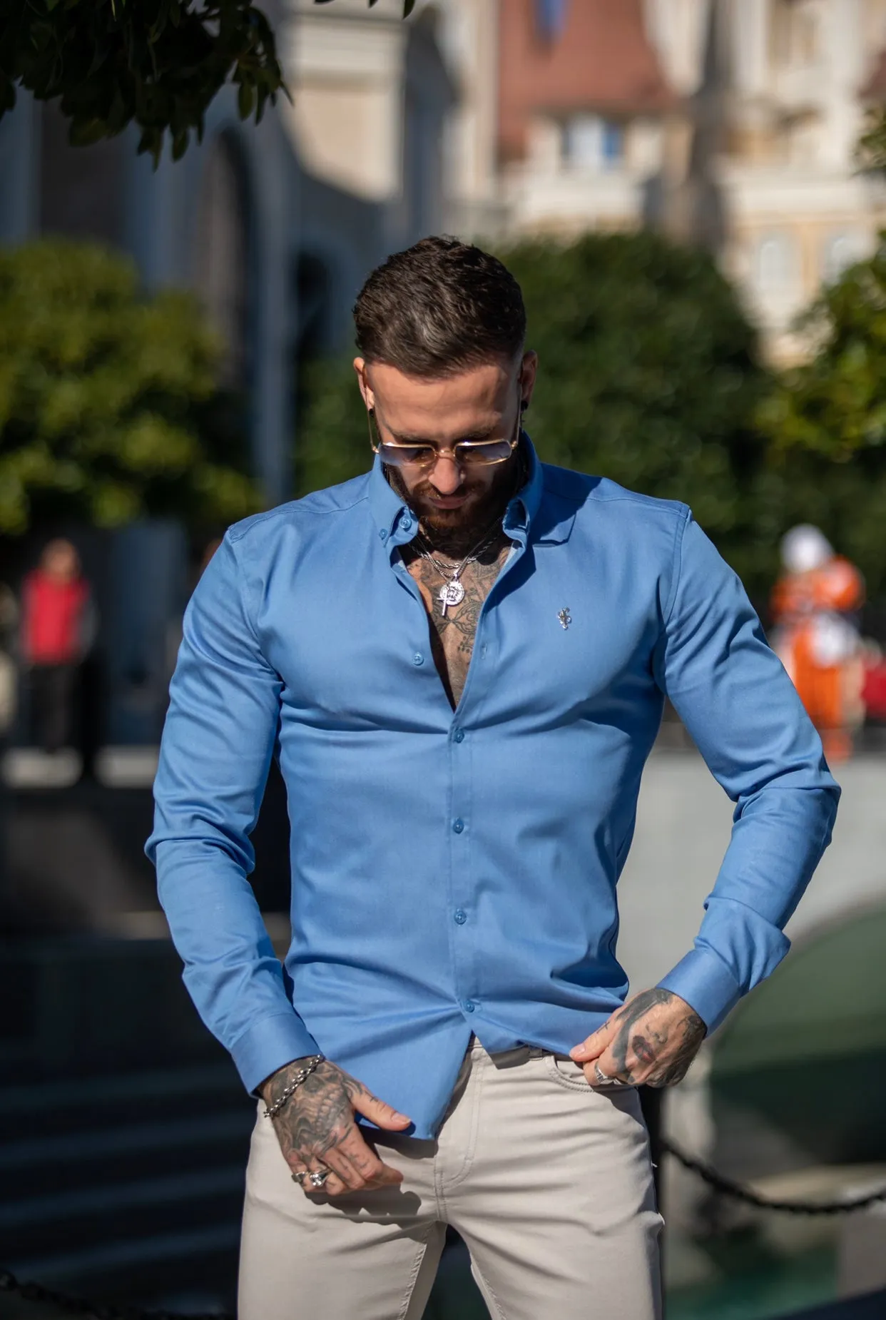Father Sons Super Slim Stretch Light Blue Denim Long Sleeve with Metal Decal - FS843