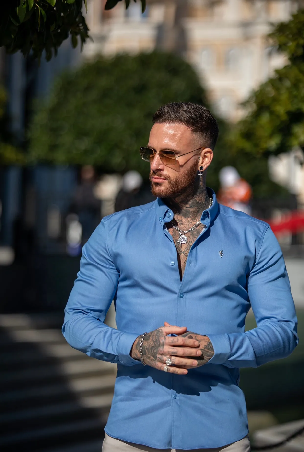 Father Sons Super Slim Stretch Light Blue Denim Long Sleeve with Metal Decal - FS843