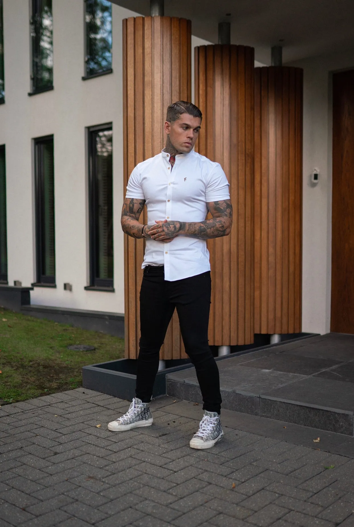 Father Sons Super Slim Stretch White Denim Short Sleeve Grandad collar with Metal Buttons and Decal Emblem - FS720