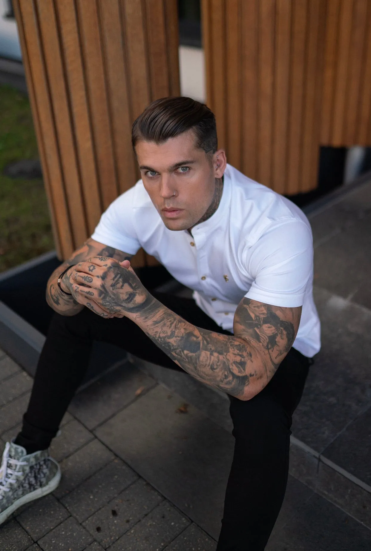 Father Sons Super Slim Stretch White Denim Short Sleeve Grandad collar with Metal Buttons and Decal Emblem - FS720