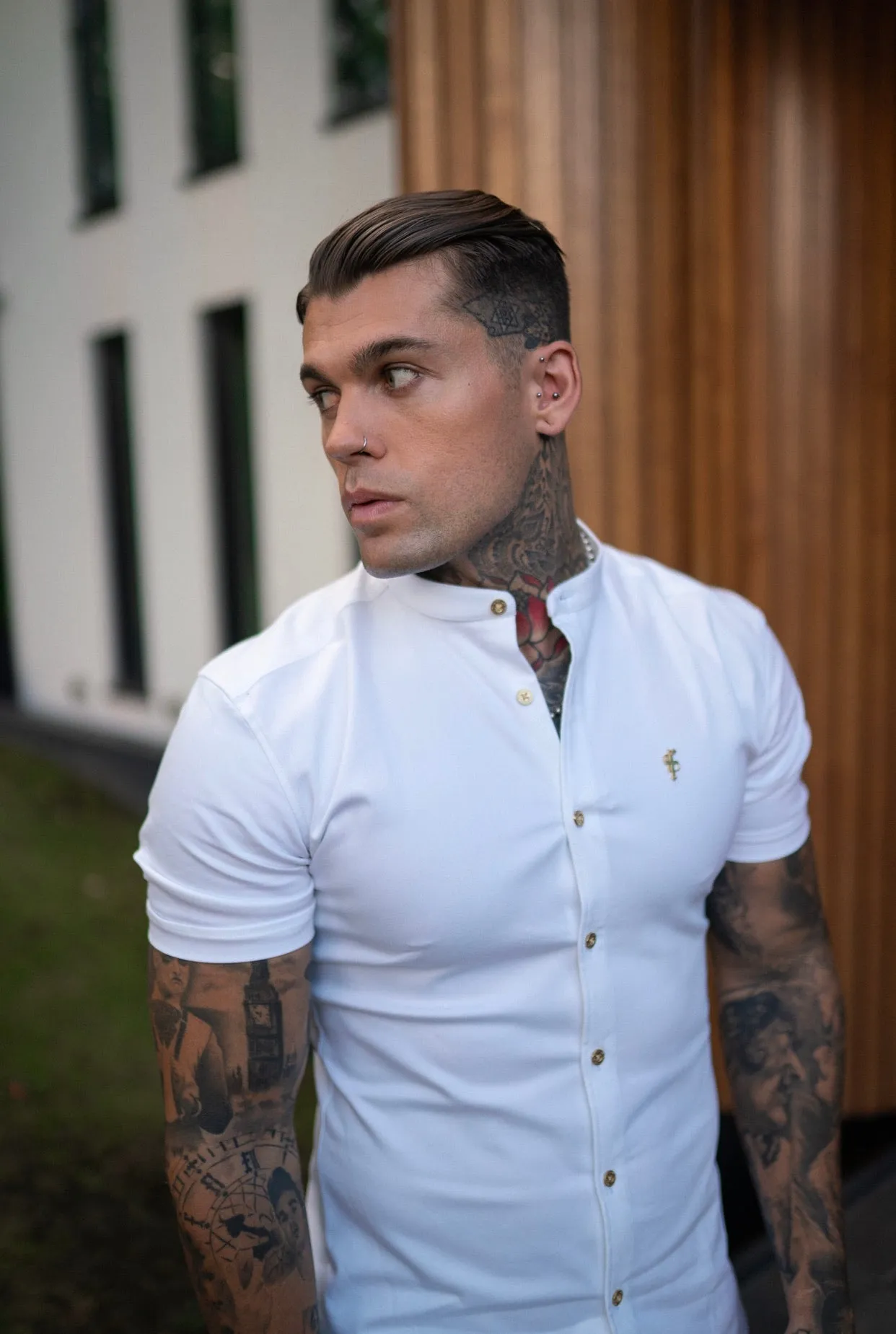 Father Sons Super Slim Stretch White Denim Short Sleeve Grandad collar with Metal Buttons and Decal Emblem - FS720