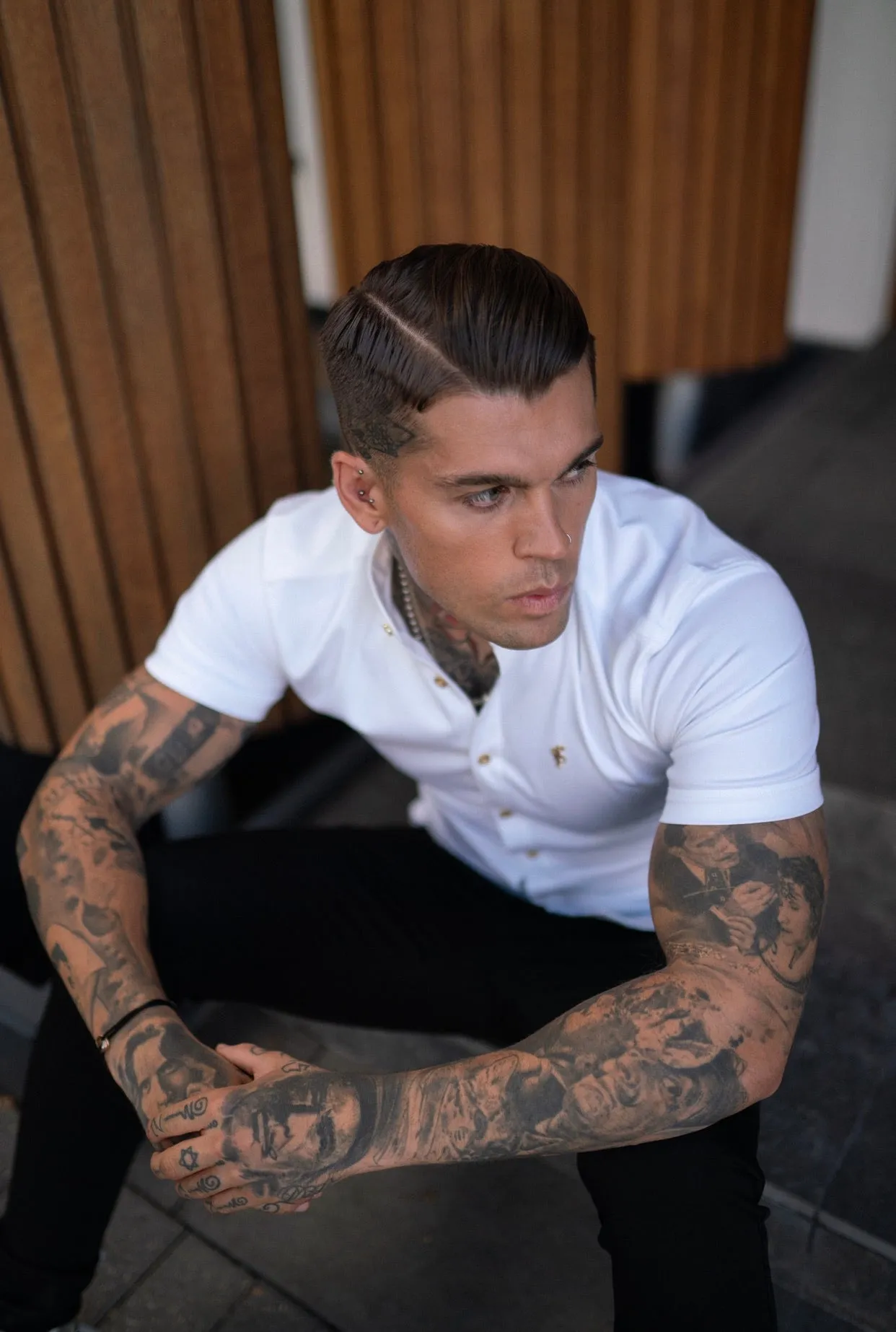 Father Sons Super Slim Stretch White Denim Short Sleeve Grandad collar with Metal Buttons and Decal Emblem - FS720