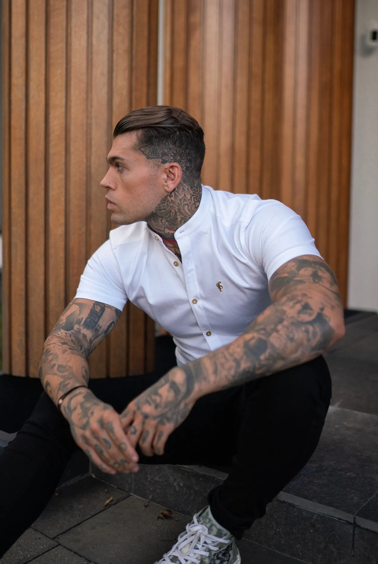 Father Sons Super Slim Stretch White Denim Short Sleeve Grandad collar with Metal Buttons and Decal Emblem - FS720