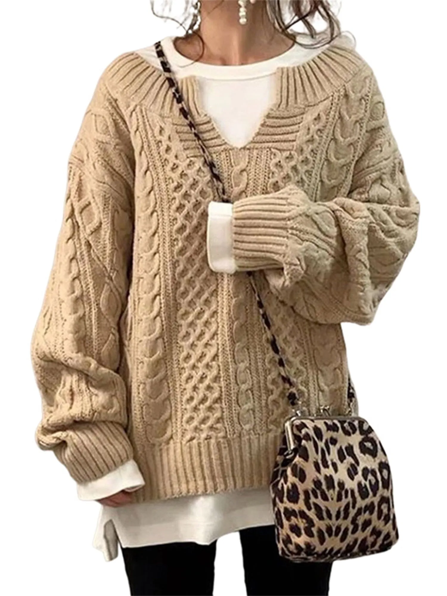 Frontwalk Womens V Neck Sweaters Long Sleeve Cable Knit Pullover Jumper Tops Casual Winter Fall Chunky Knitwear Outwear
