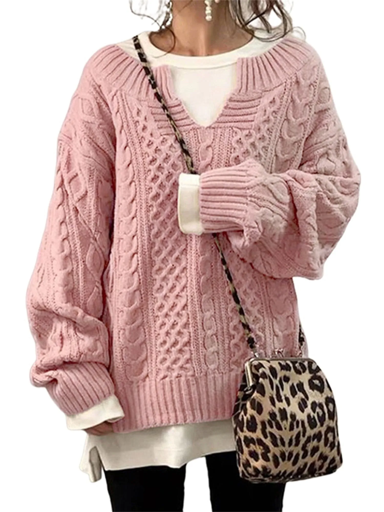 Frontwalk Womens V Neck Sweaters Long Sleeve Cable Knit Pullover Jumper Tops Casual Winter Fall Chunky Knitwear Outwear