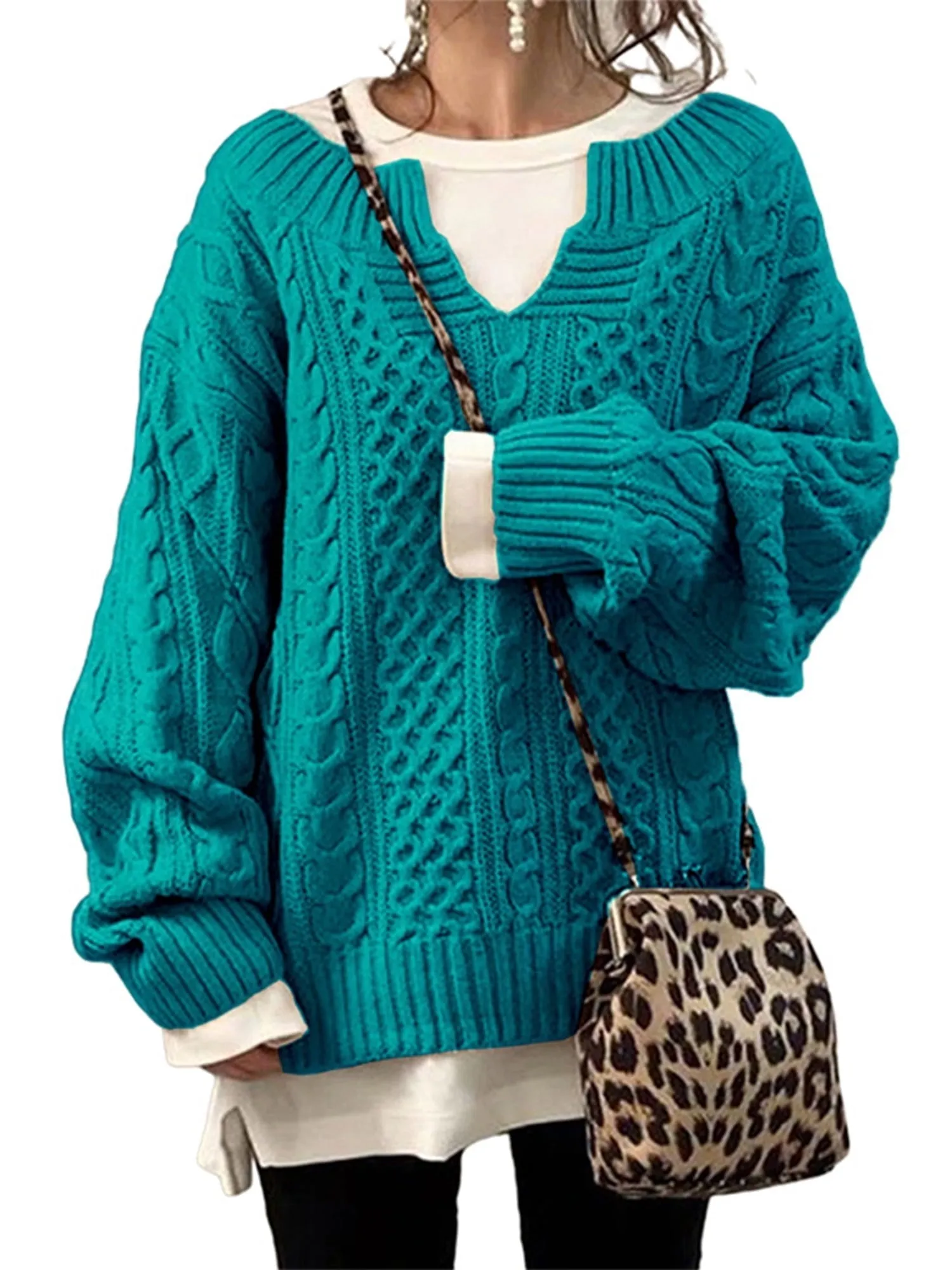 Frontwalk Womens V Neck Sweaters Long Sleeve Cable Knit Pullover Jumper Tops Casual Winter Fall Chunky Knitwear Outwear