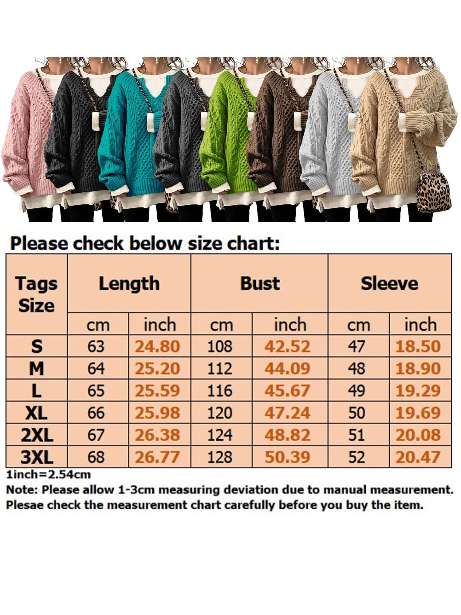 Frontwalk Womens V Neck Sweaters Long Sleeve Cable Knit Pullover Jumper Tops Casual Winter Fall Chunky Knitwear Outwear