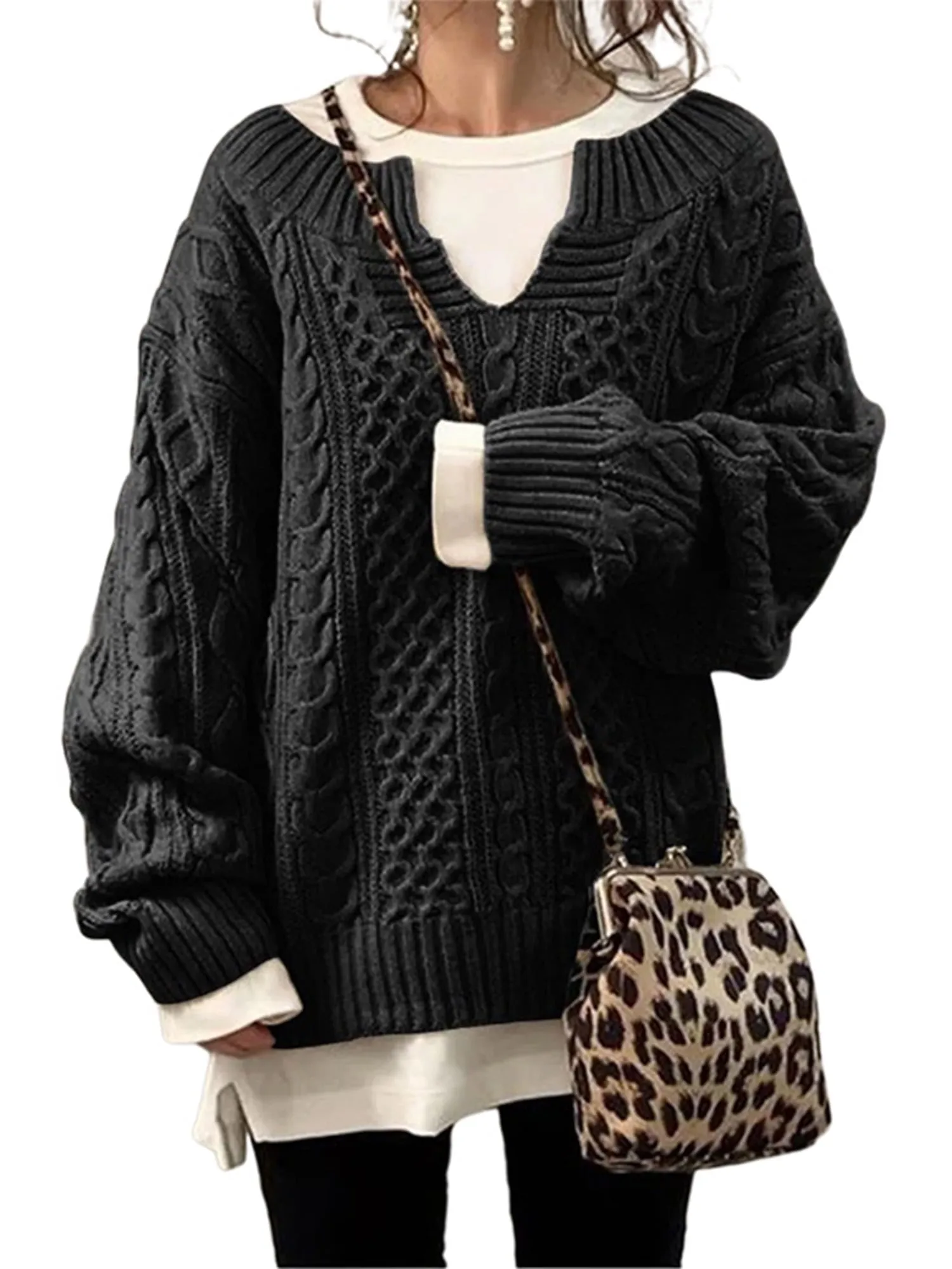 Frontwalk Womens V Neck Sweaters Long Sleeve Cable Knit Pullover Jumper Tops Casual Winter Fall Chunky Knitwear Outwear