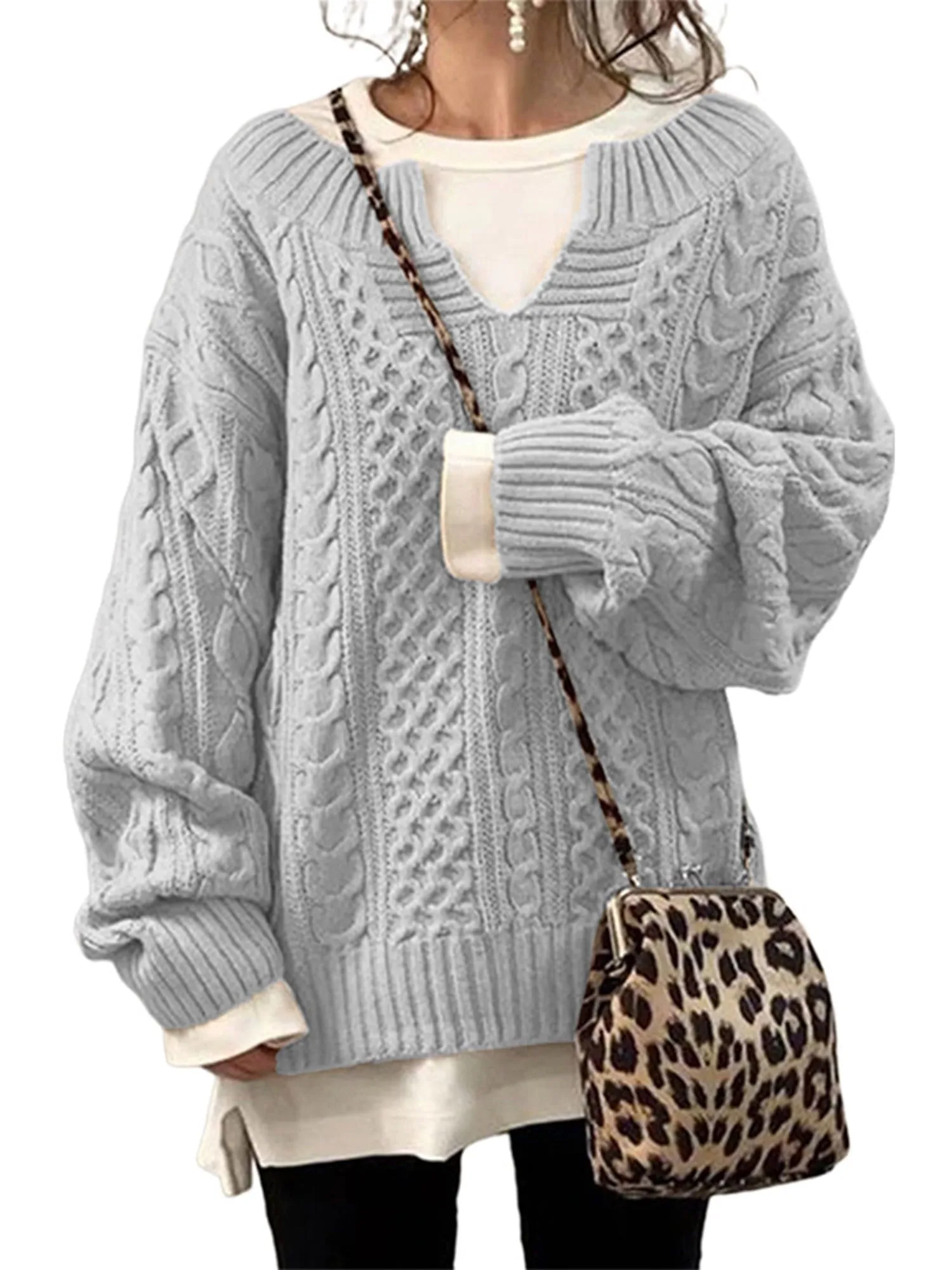 Frontwalk Womens V Neck Sweaters Long Sleeve Cable Knit Pullover Jumper Tops Casual Winter Fall Chunky Knitwear Outwear