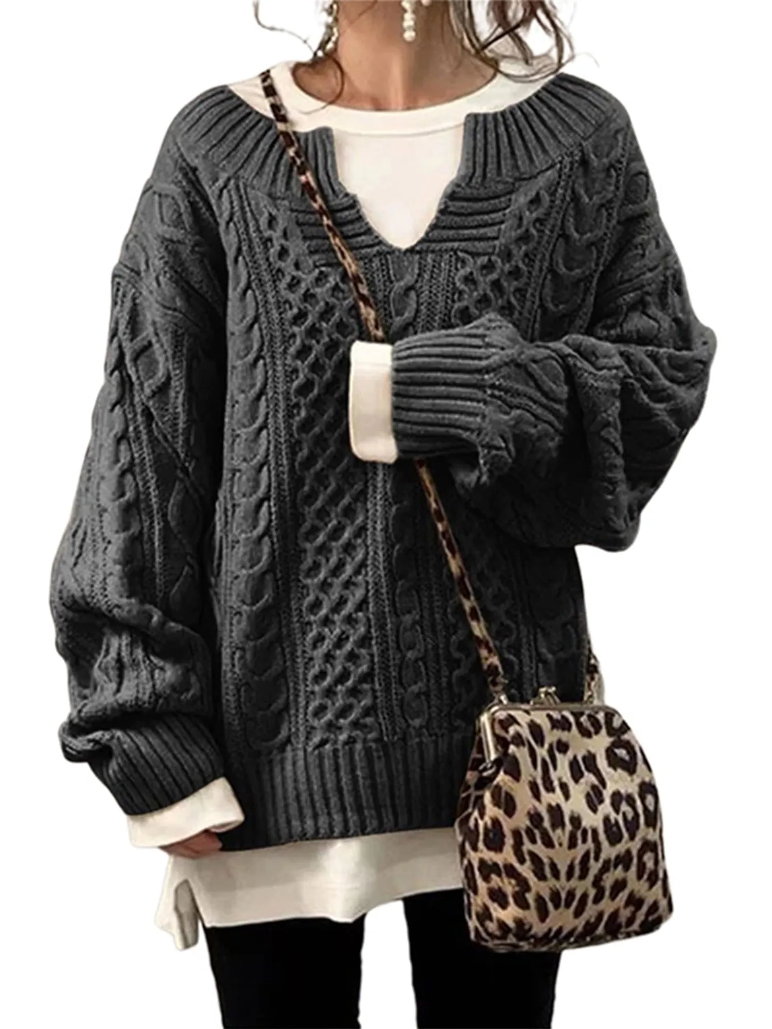 Frontwalk Womens V Neck Sweaters Long Sleeve Cable Knit Pullover Jumper Tops Casual Winter Fall Chunky Knitwear Outwear