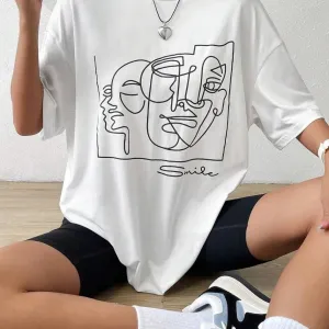 Graphic & Letter Print Crew Neck T Shirt Women Cotton Plus Size Casual Soft Short Sleeve Top