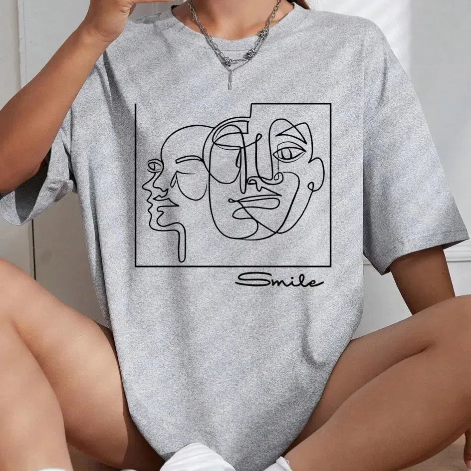 Graphic & Letter Print Crew Neck T Shirt Women Cotton Plus Size Casual Soft Short Sleeve Top