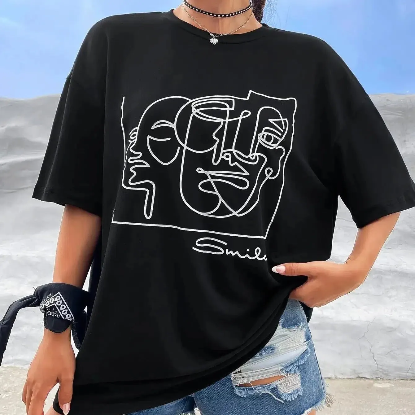 Graphic & Letter Print Crew Neck T Shirt Women Cotton Plus Size Casual Soft Short Sleeve Top