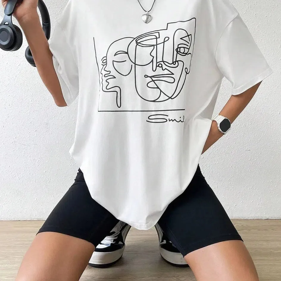 Graphic & Letter Print Crew Neck T Shirt Women Cotton Plus Size Casual Soft Short Sleeve Top