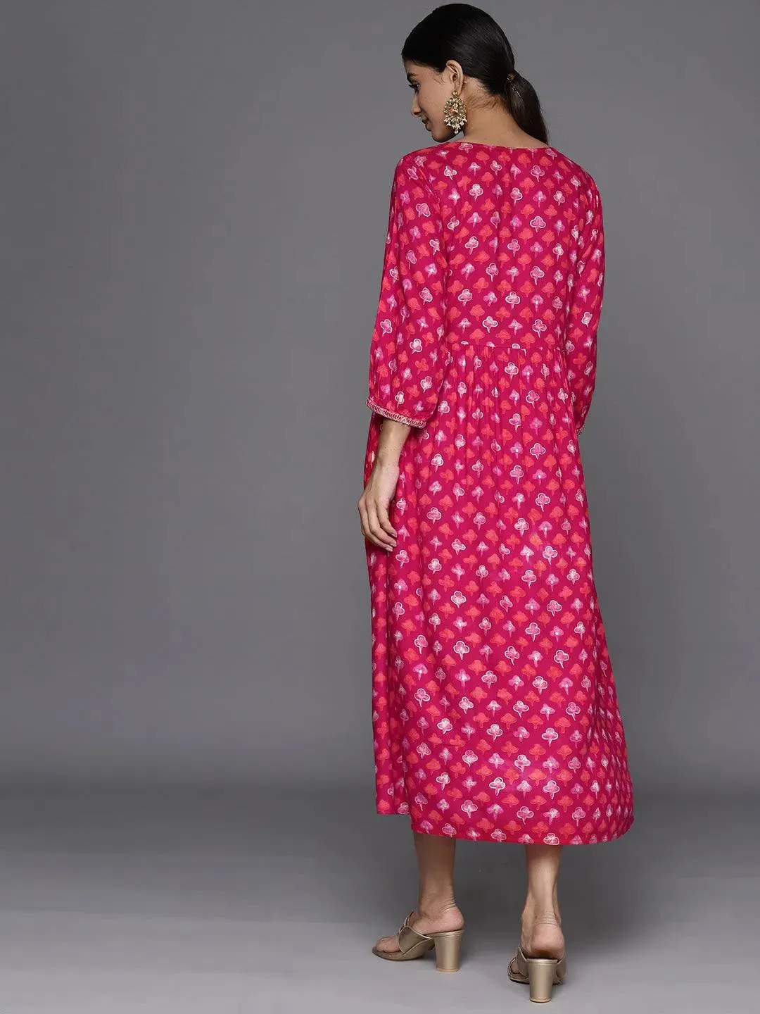 Magenta Embellished Rayon Fit and Flare Dress