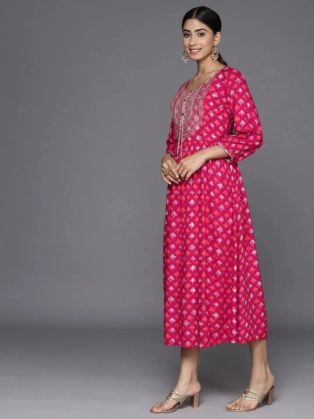 Magenta Embellished Rayon Fit and Flare Dress