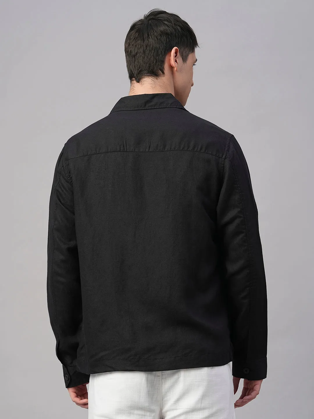 Men's Black Pure Linen Regular Fit Light Weight Summer Jacket