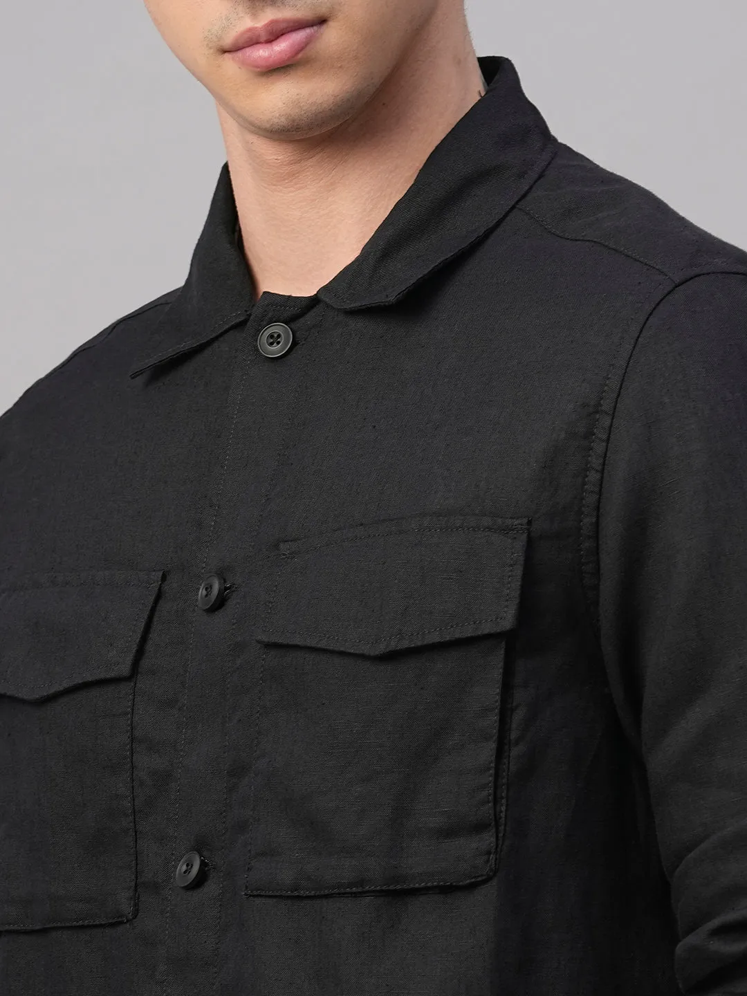 Men's Black Pure Linen Regular Fit Light Weight Summer Jacket