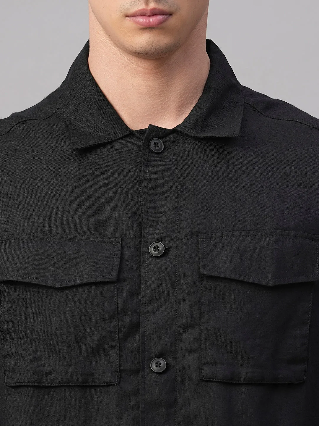 Men's Black Pure Linen Regular Fit Light Weight Summer Jacket