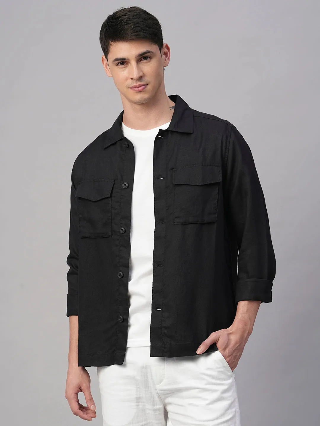 Men's Black Pure Linen Regular Fit Light Weight Summer Jacket