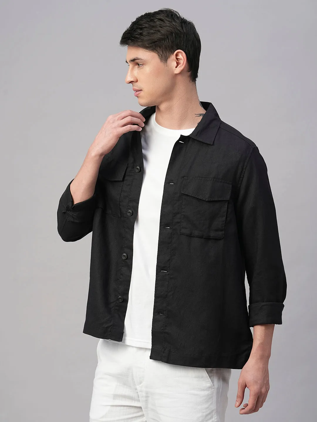 Men's Black Pure Linen Regular Fit Light Weight Summer Jacket