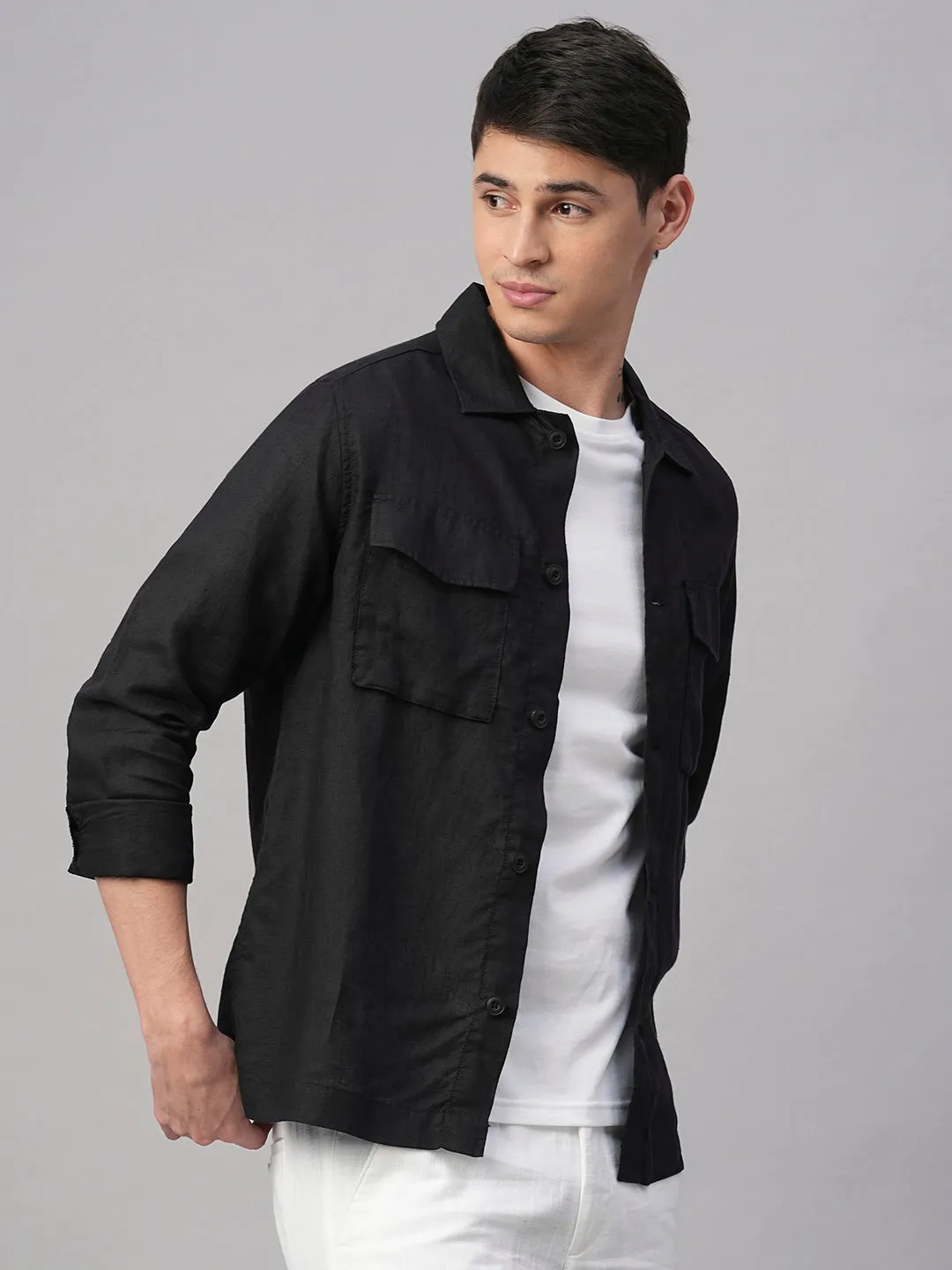 Men's Black Pure Linen Regular Fit Light Weight Summer Jacket