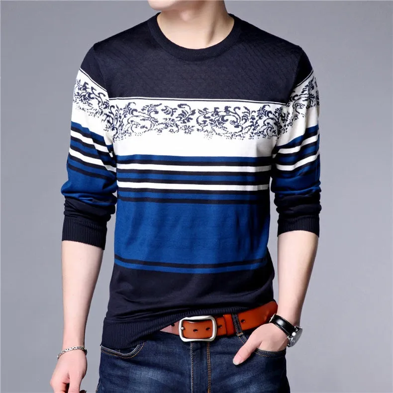 Men's Striped Print Casual O-Neck  Sweaters