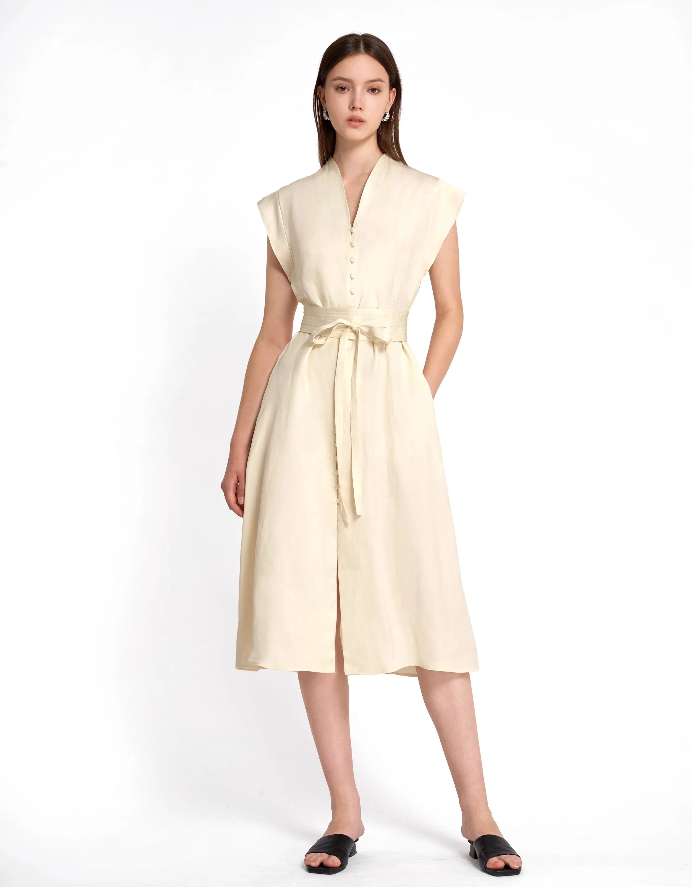 Multi Button Self-tie Dress