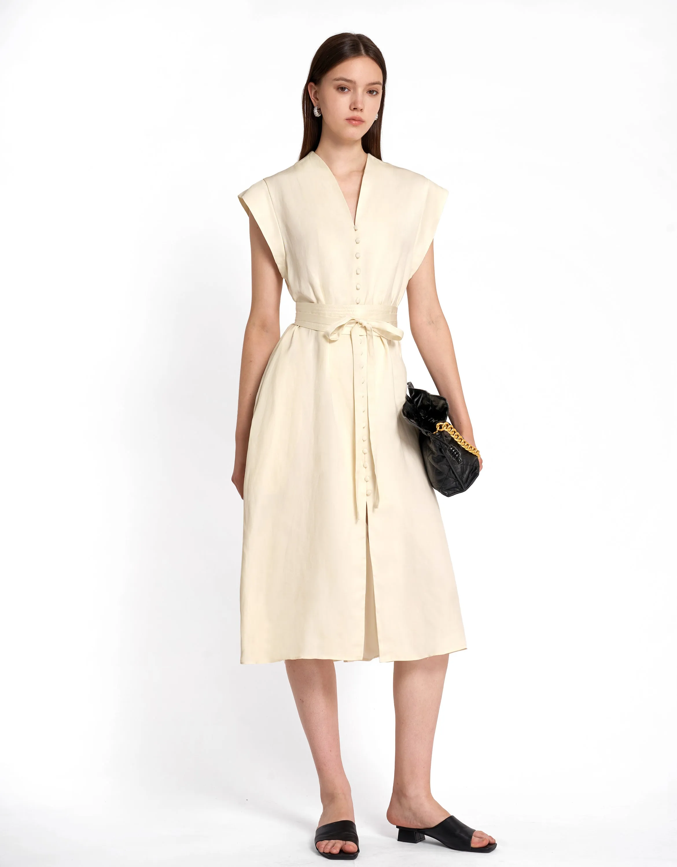 Multi Button Self-tie Dress
