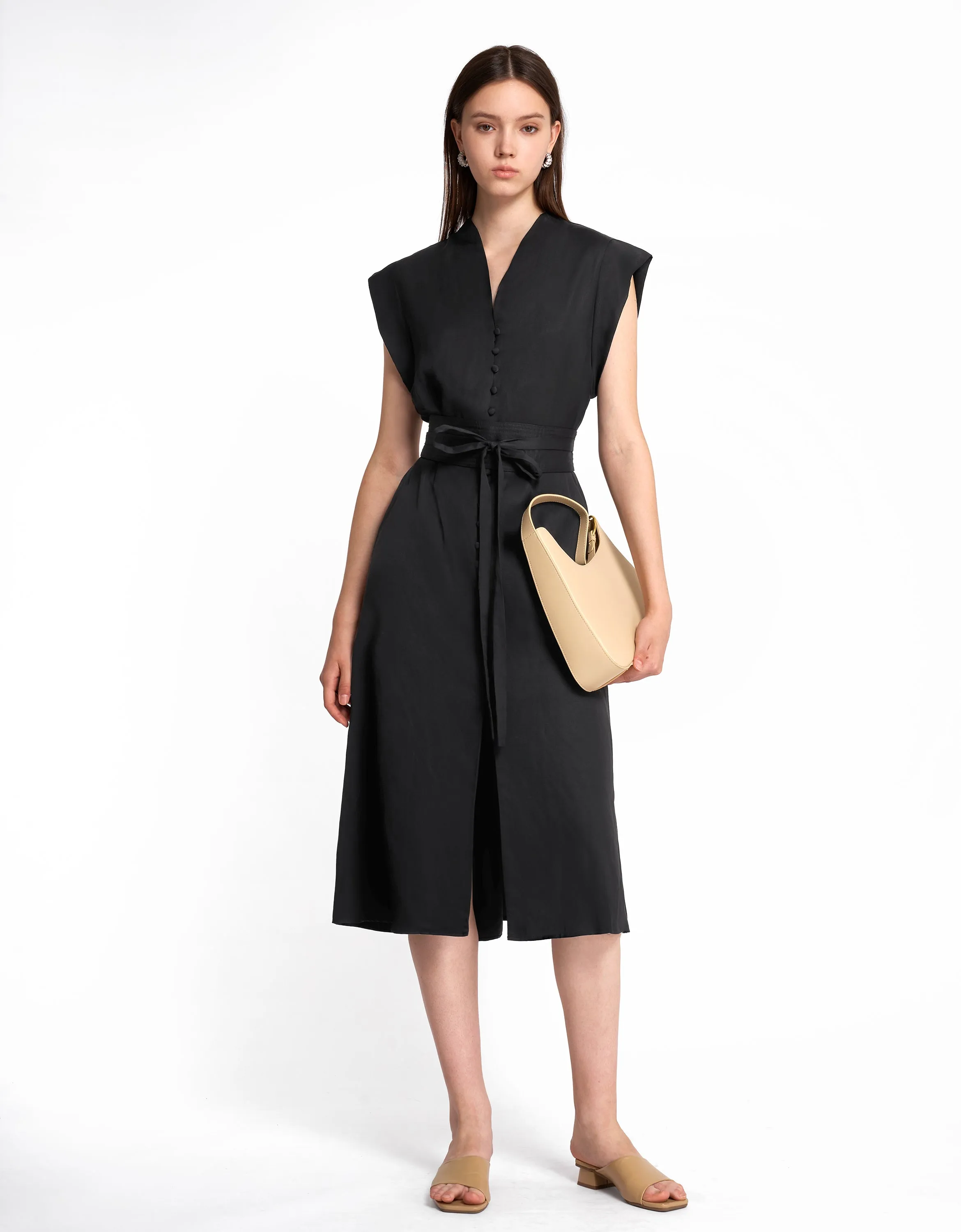 Multi Button Self-tie Dress