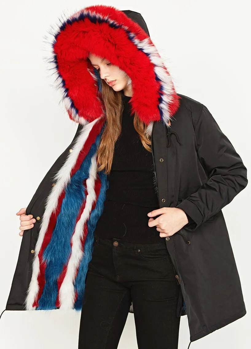 Multi Colored Fox-Fur Hooded & Lined Parka Coat
