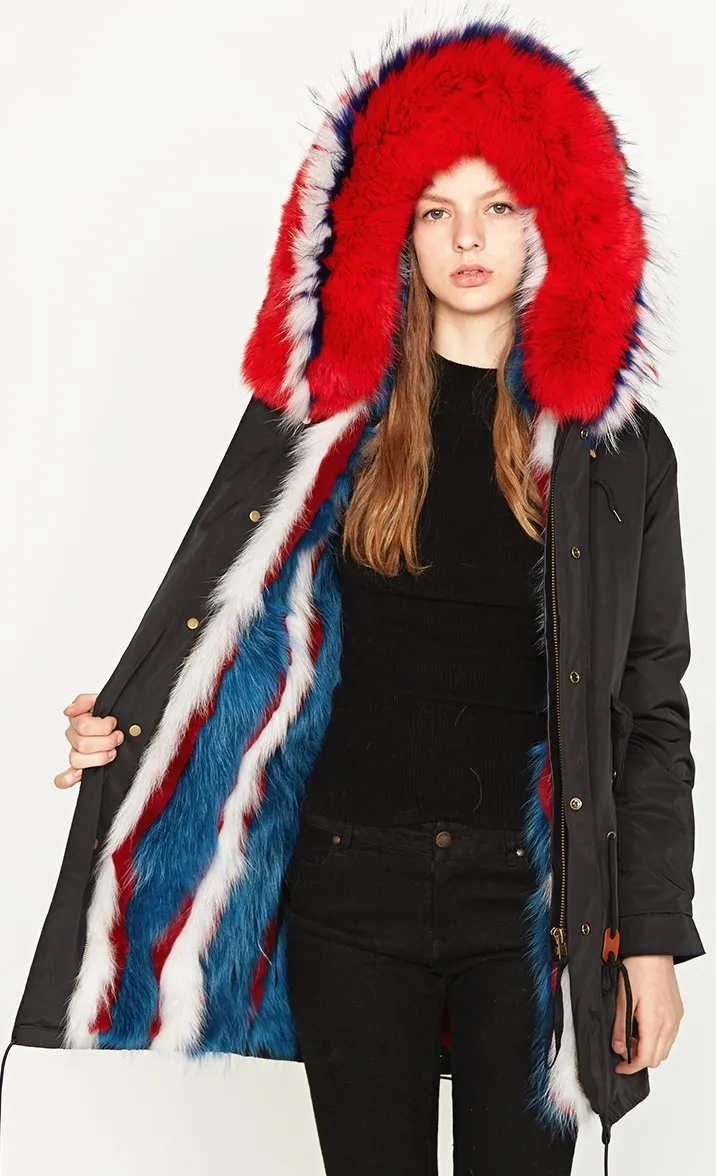 Multi Colored Fox-Fur Hooded & Lined Parka Coat