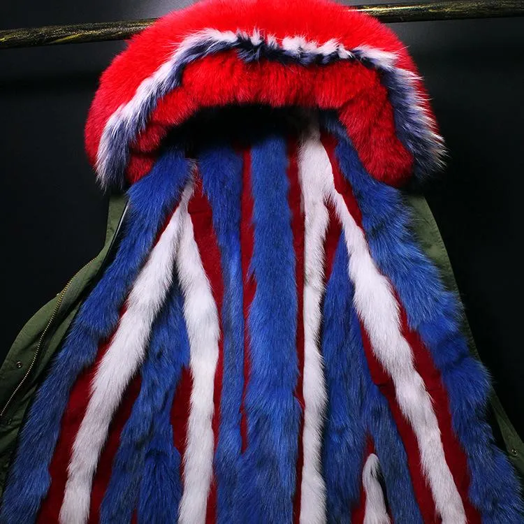 Multi Colored Fox-Fur Hooded & Lined Parka Coat