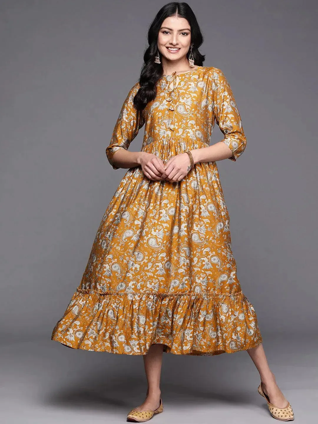 Mustard Printed Silk Fit and Flare Dress