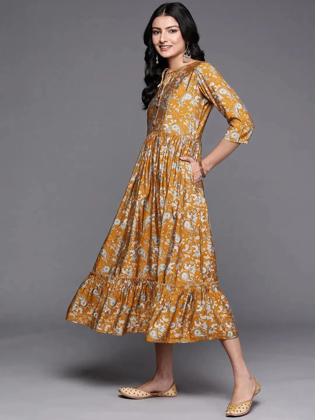 Mustard Printed Silk Fit and Flare Dress