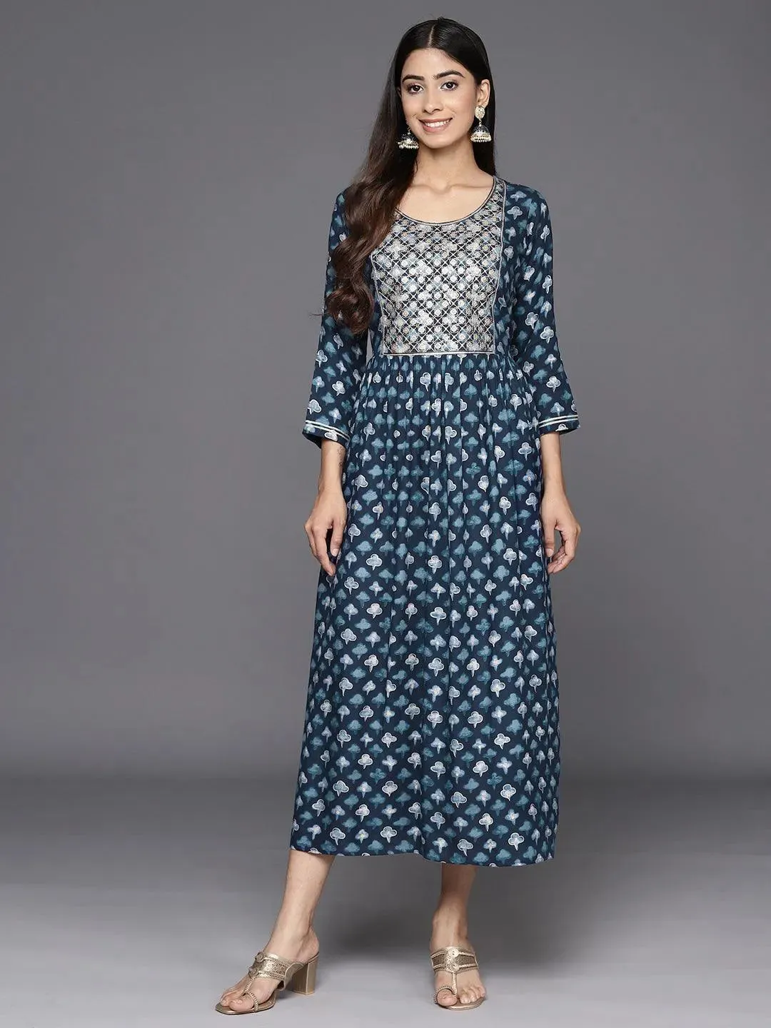 Navy Blue Embellished Rayon Fit and Flare Dress