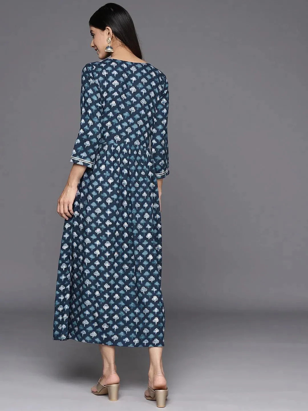 Navy Blue Embellished Rayon Fit and Flare Dress