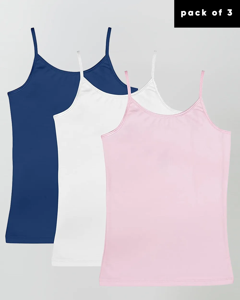 Organic Cotton Spandex Cami Tops with Adjustable Straps for Girls - Pack of 3 - Navy   White   Pink