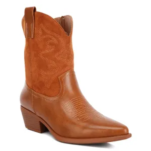 Patchwork Detail Low Heel Cowboy Boots In Tan